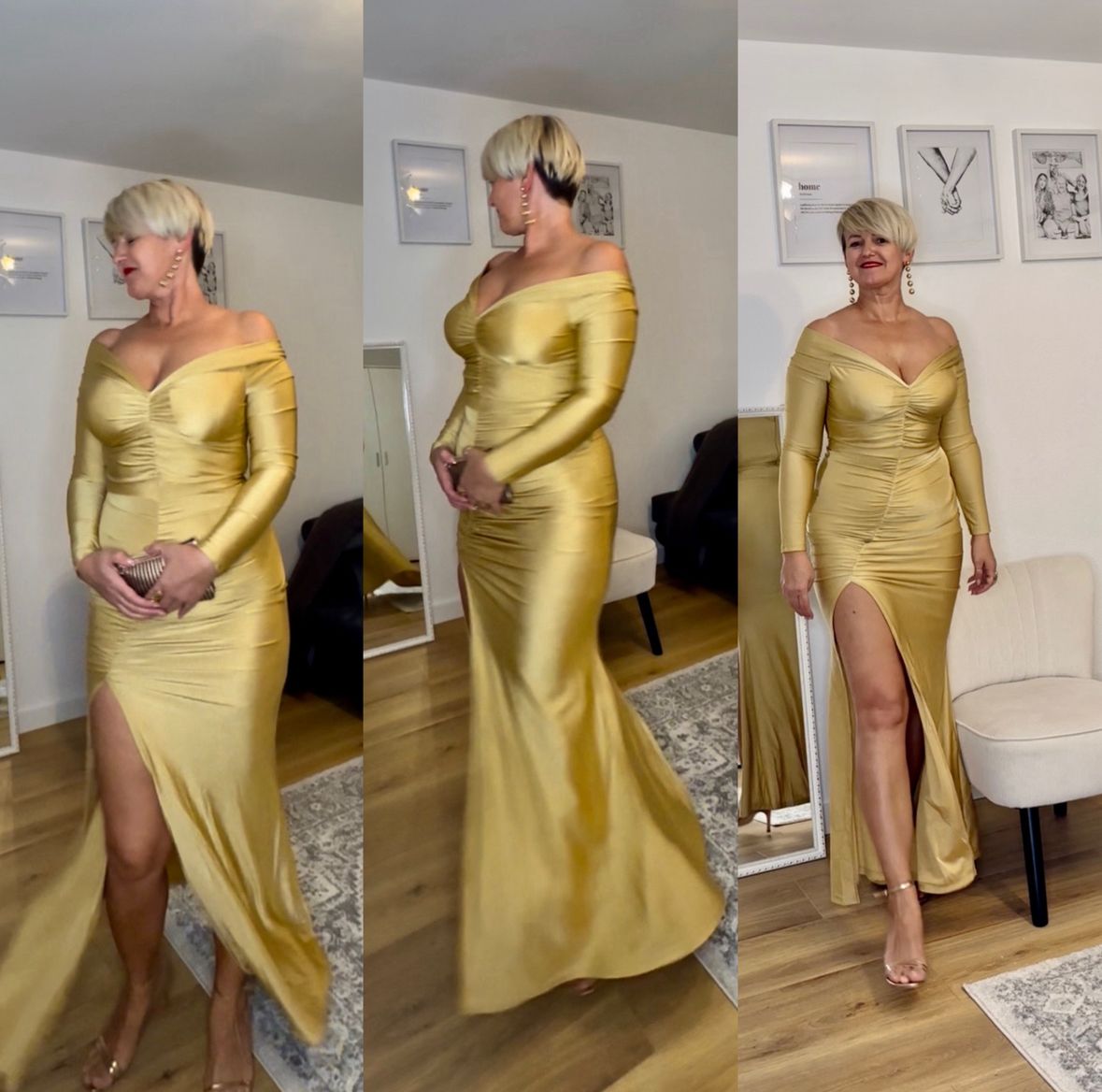 Golden Glamour Off-Shoulder Evening Gown
