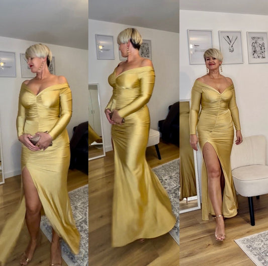 Golden Glamour Off-Shoulder Evening Gown