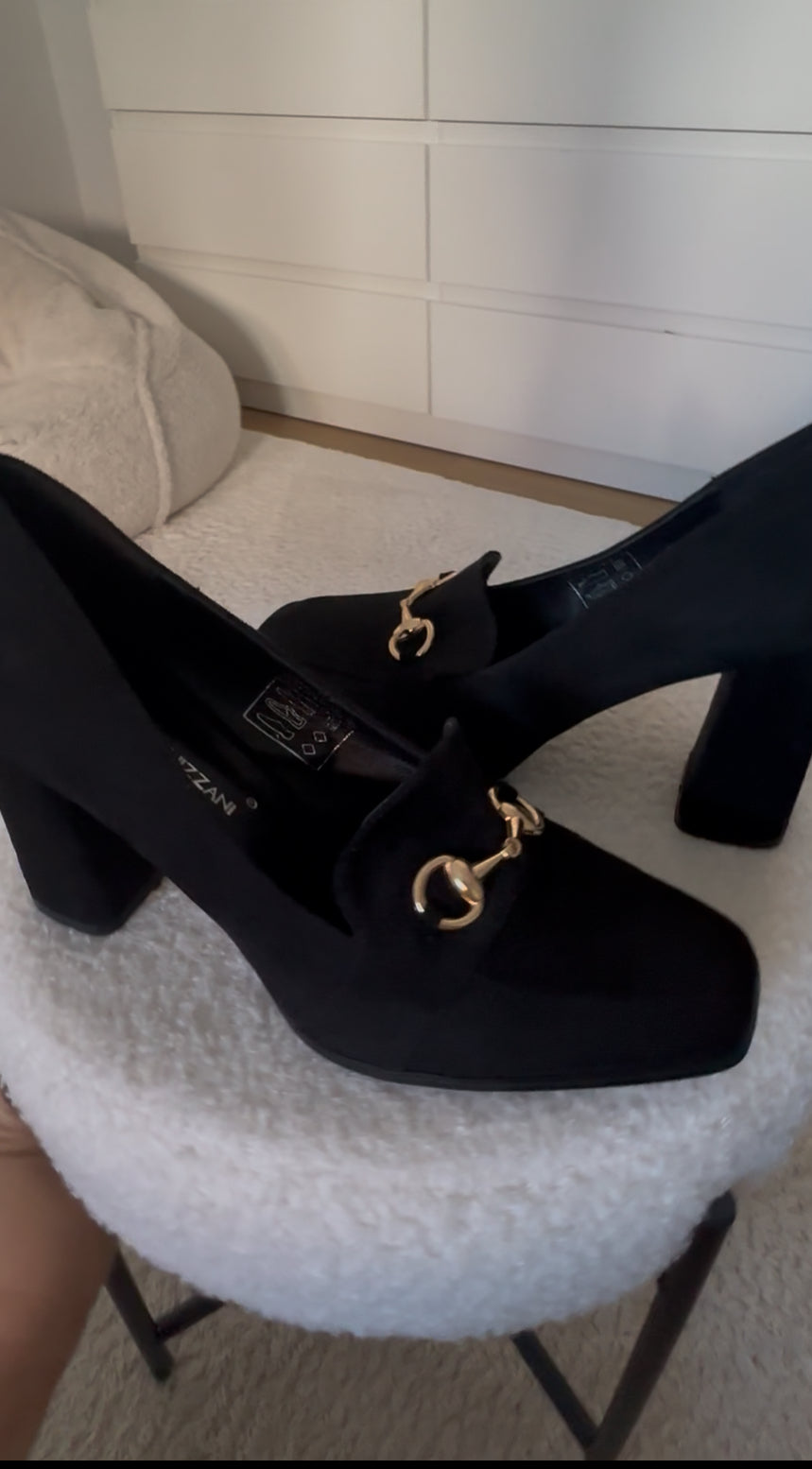 Black Suede Block-Heel Loafers