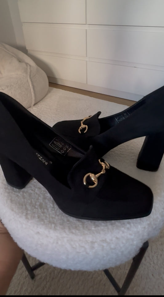 Black Suede Block-Heel Loafers