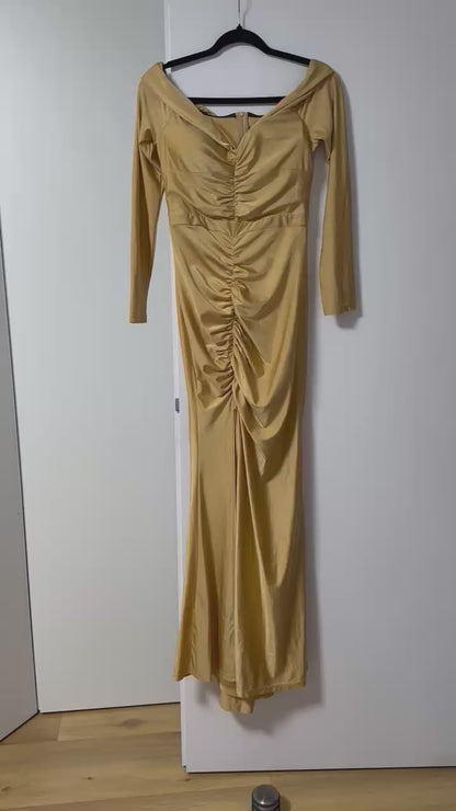 Golden Glamour Off-Shoulder Evening Gown