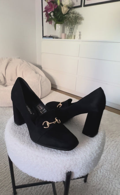 Black Suede Block-Heel Loafers